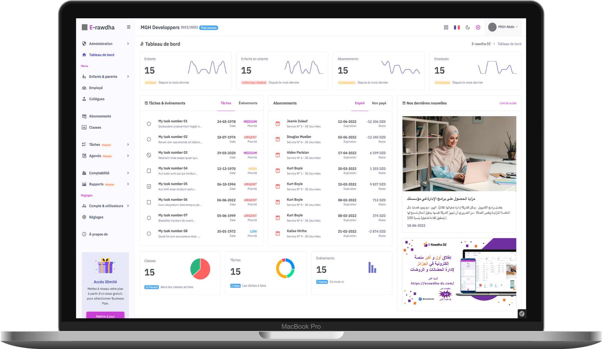 Tableau de bord Clever Nursery sur ordinateur portable